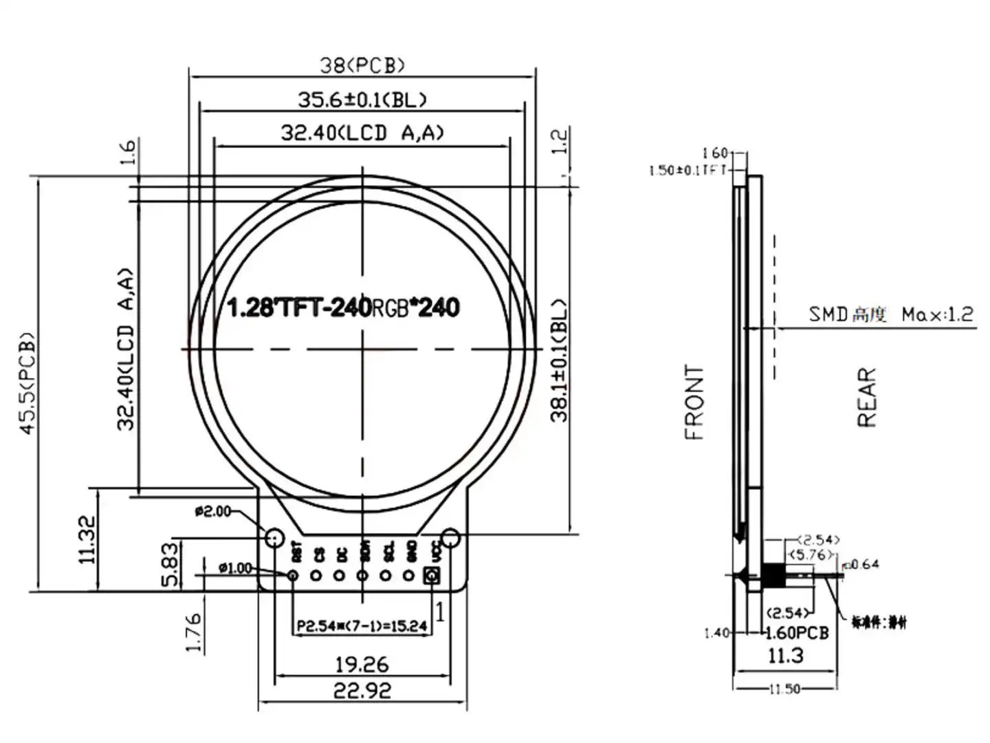 26846 | IPS TFT display round 1.28 inch - 240x240 GC9A01 controller